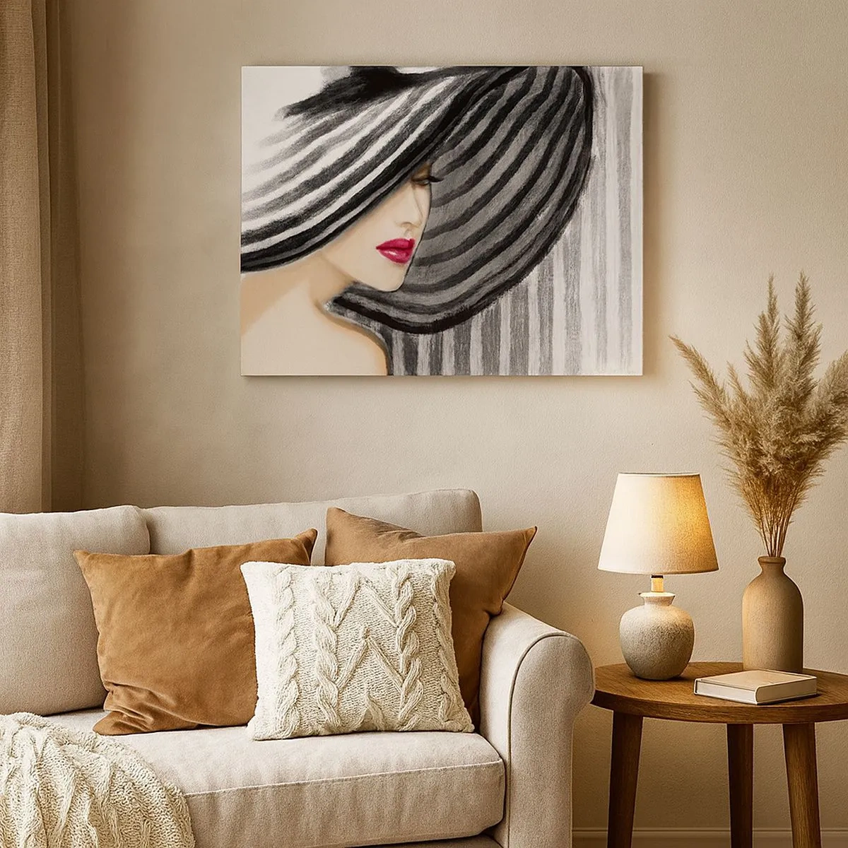 Quadro su tela - Stampe su Tela - Donna che indossa un cappello bianco e nero con un accento rosso - 70x50cm - Dove trovarti? - Decorazione murale moderna per soggiorno e camera da letto ARTTOR