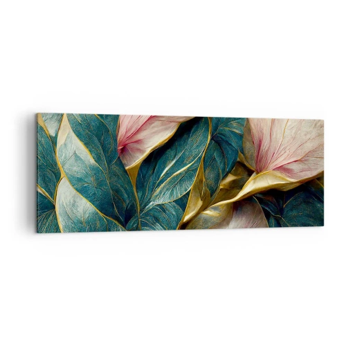 Quadro su tela - Stampe su Tela - Eleganti foglie in verde, oro e rosa - 140x50cm - Stile ed eleganza naturali - Decorazione murale moderna per soggiorno e camera da letto ARTTOR