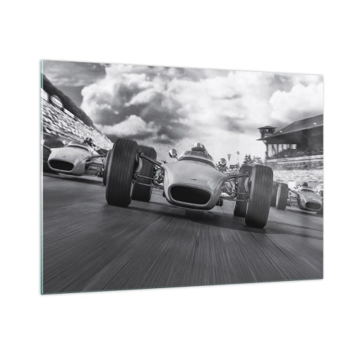 Quadro su vetro - Gara di auto d'epoca su una pista in bianco e nero - 100x70cm - C'è la forza! - Decorazione murale moderna per soggiorno e camera da letto ARTTOR