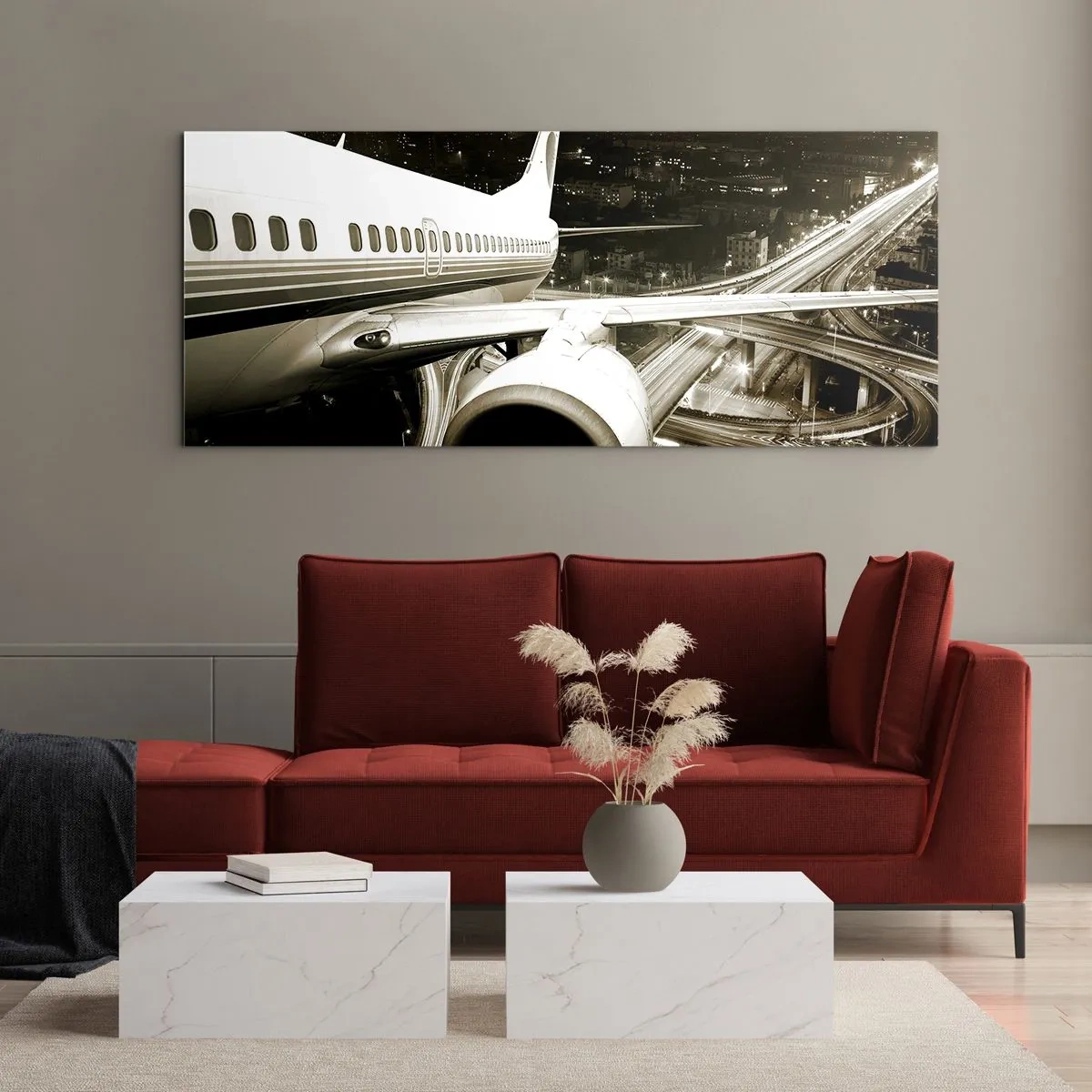 Quadro su vetro - Un aereo sopra una città notturna con autostrade illuminate - 140x50cm - Volare di notte - Decorazione murale moderna per soggiorno e camera da letto ARTTOR