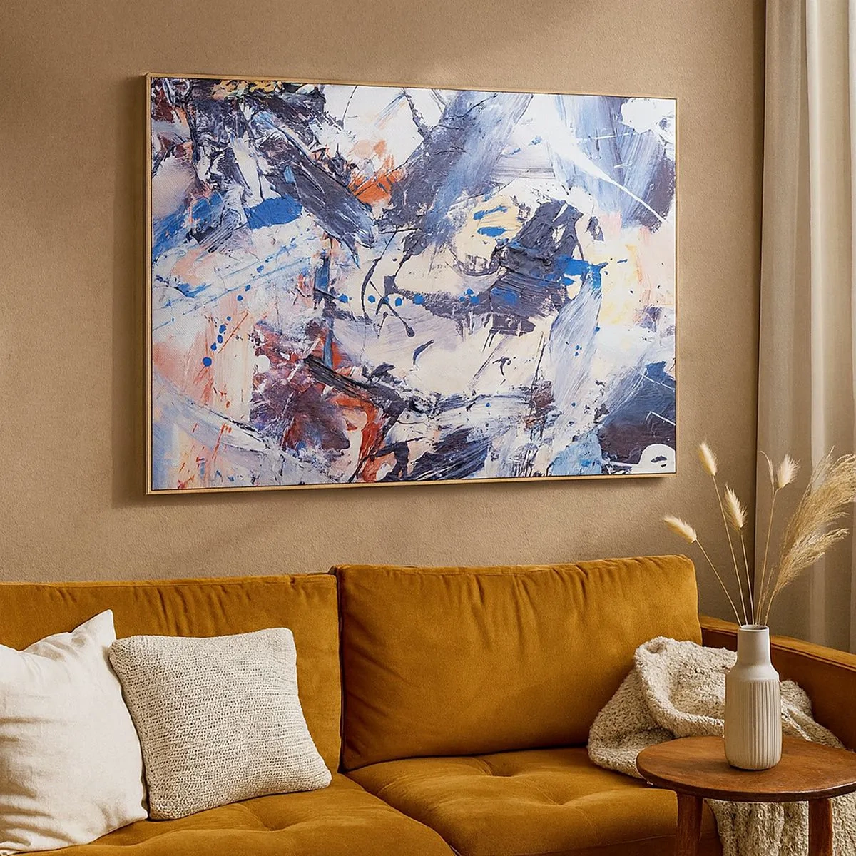 Quadro su tela - Stampe su Tela - Astrazione con pennellate dinamiche in blu e rosso. - 70x50cm - La danza folle dell'astrazione - Decorazione murale moderna per soggiorno e camera da letto ARTTOR