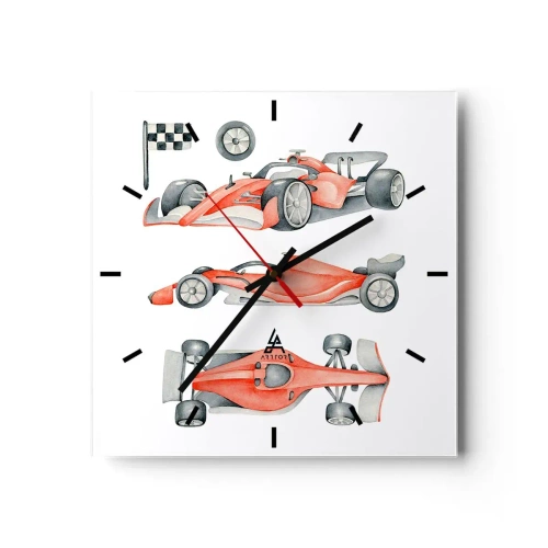 Orologio da parete - Orologio in Vetro - Un'auto da corsa rossa con una bandiera a scacchi - 30x30cm - Inseguendo i sogni - Decorazione murale moderna per soggiorno e camera da letto ARTTOR