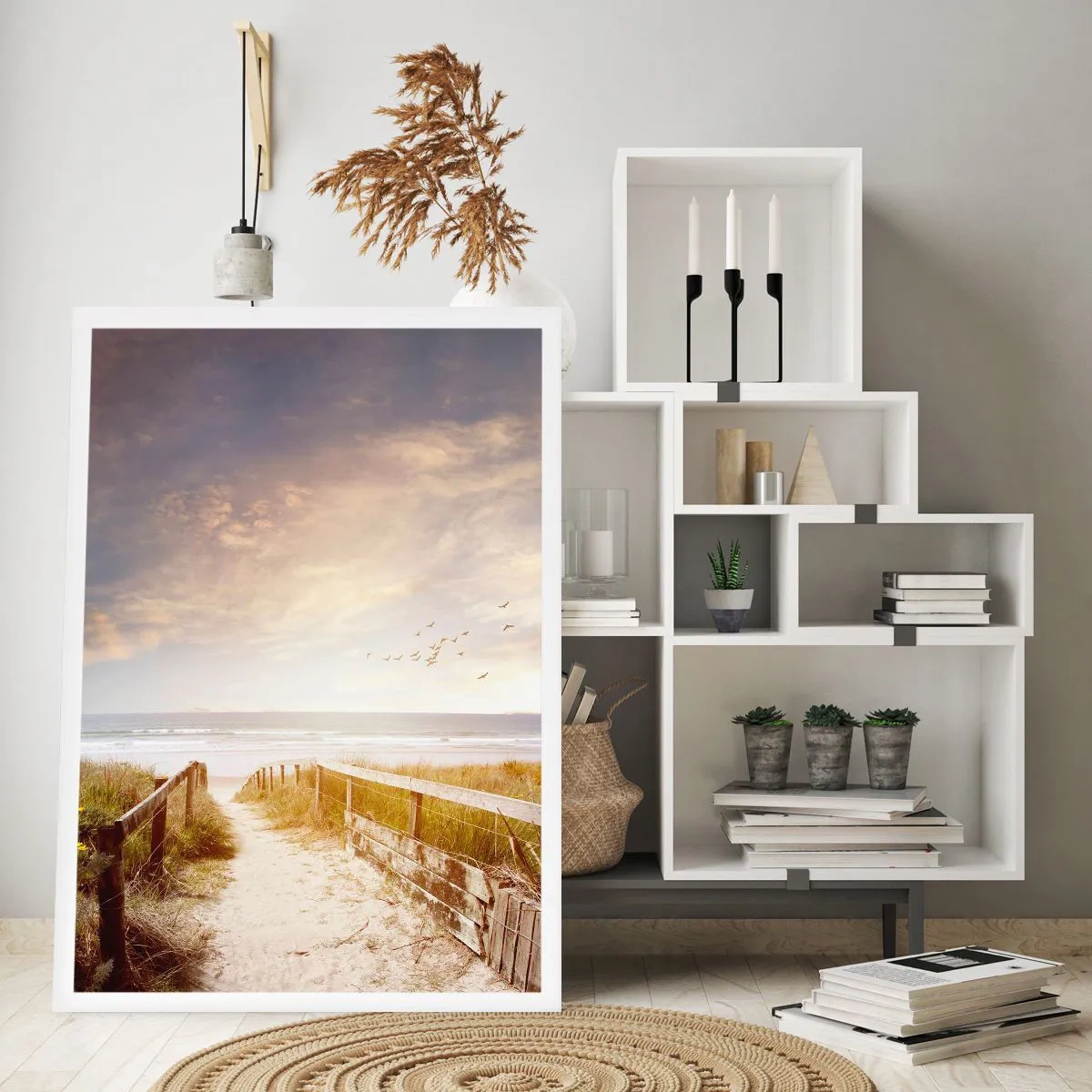 Poster - Sentiero per la spiaggia al tramonto con uccelli che volano - 50x70cm - Spazio di pace - Decorazione murale moderna per soggiorno e camera da letto ARTTOR