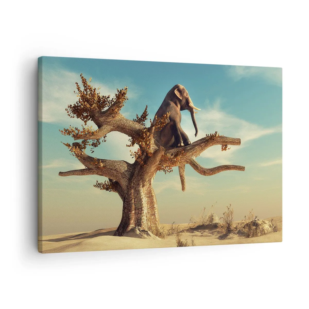 Quadro su tela - Stampe su Tela - Un elefante seduto su un albero in un paesaggio surreale - 70x50cm - Nuovo punto di vista - Decorazione murale moderna per soggiorno e camera da letto ARTTOR