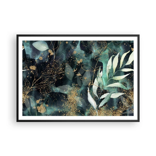Poster in cornice nera - Eleganti foglie su sfondo scuro con accenti dorati - 100x70cm - Il giardino incantato - Decorazione murale moderna per soggiorno e camera da letto ARTTOR