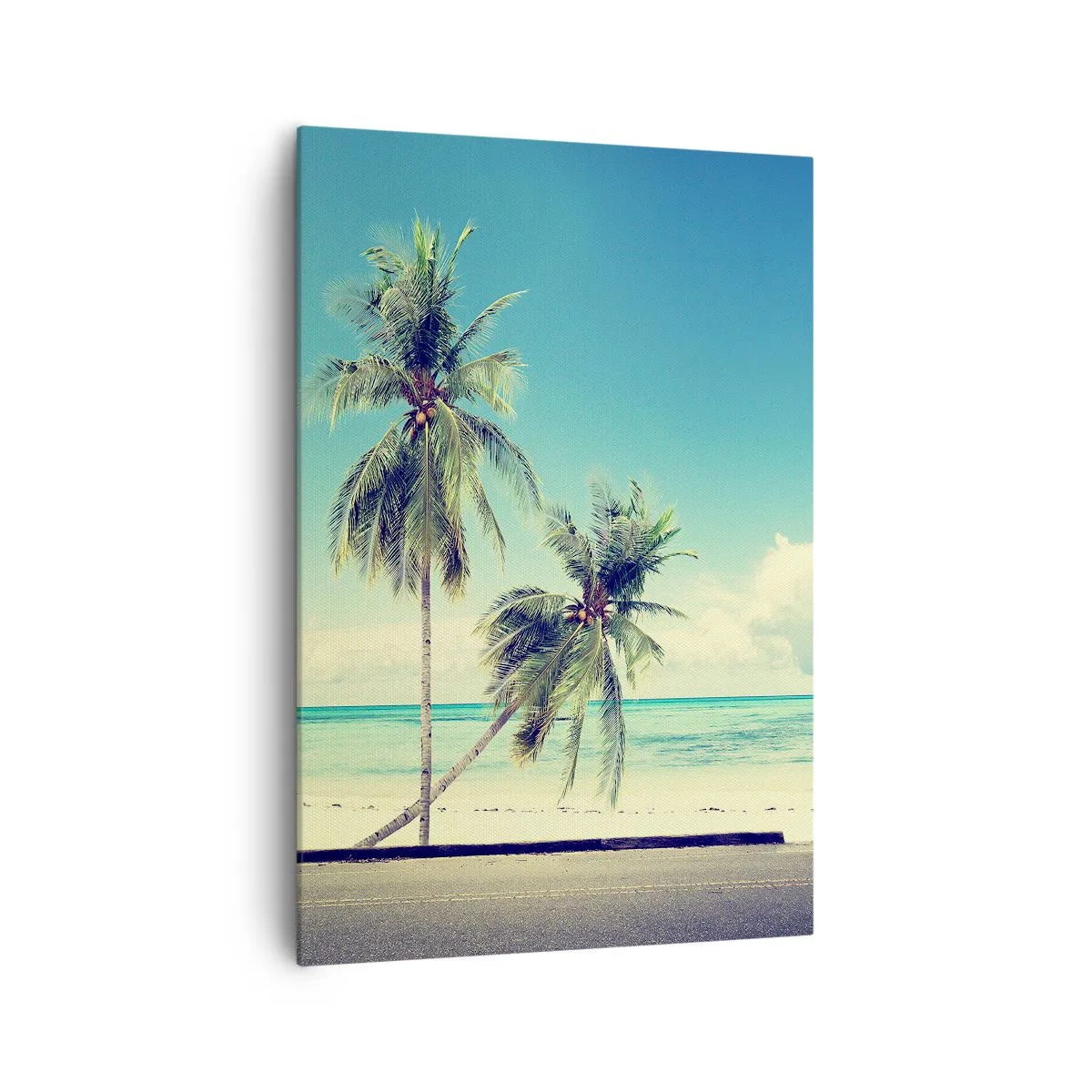 Quadro su tela - Stampe su Tela - Un furgone rosa con una tavola da surf sullo sfondo di una spiaggia tropicale. - 70x100cm - Tempo di vacanze - Decorazione murale moderna per soggiorno e camera da letto ARTTOR