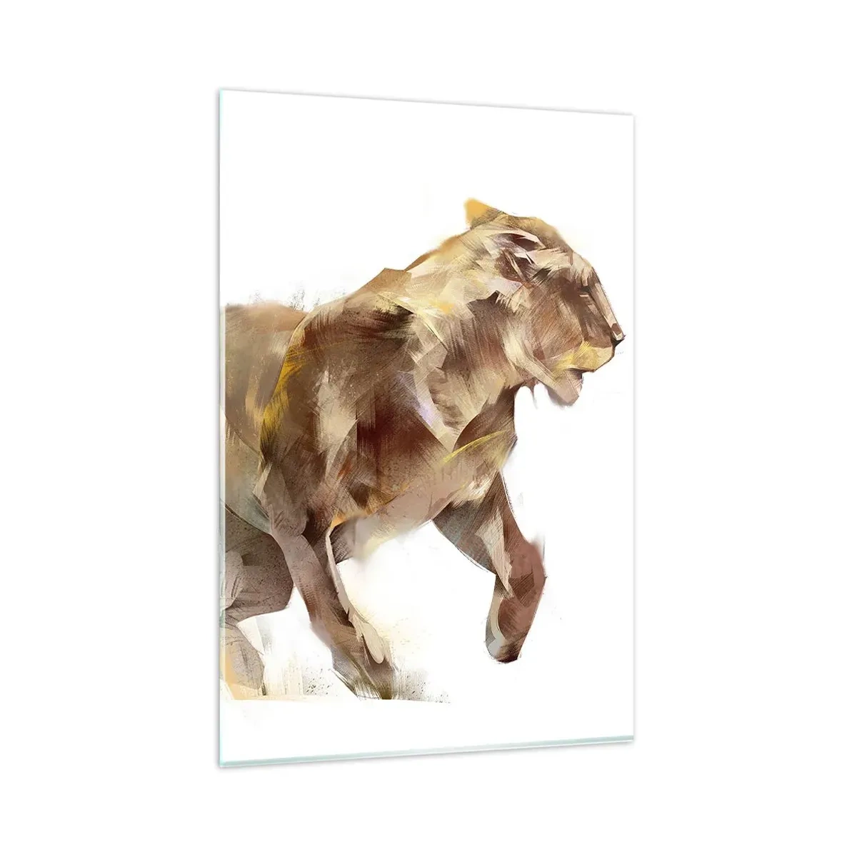 Quadro su vetro - Una leonessa che corre in un'interpretazione artistica - 80x120cm - Grazia selvatica - Decorazione murale moderna per soggiorno e camera da letto ARTTOR