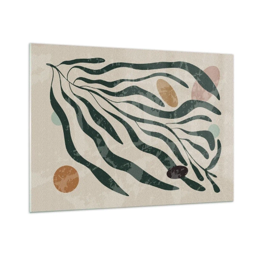 Quadro su vetro - Forme organiche in verde su sfondo beige - 100x70cm - Tra il verde - Decorazione murale moderna per soggiorno e camera da letto ARTTOR