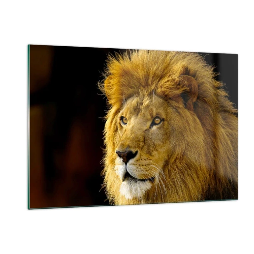 Quadro su vetro - Ritratto di un maestoso leone su uno sfondo scuro - 120x80cm - Ritratto del re - Decorazione murale moderna per soggiorno e camera da letto ARTTOR