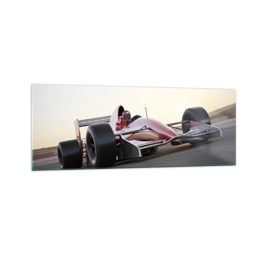 Quadro su vetro - Una macchina rossa di Formula 1 su una pista da corsa mentre guida - 140x50cm - Sempre vincente - Decorazione murale moderna per soggiorno e camera da letto ARTTOR