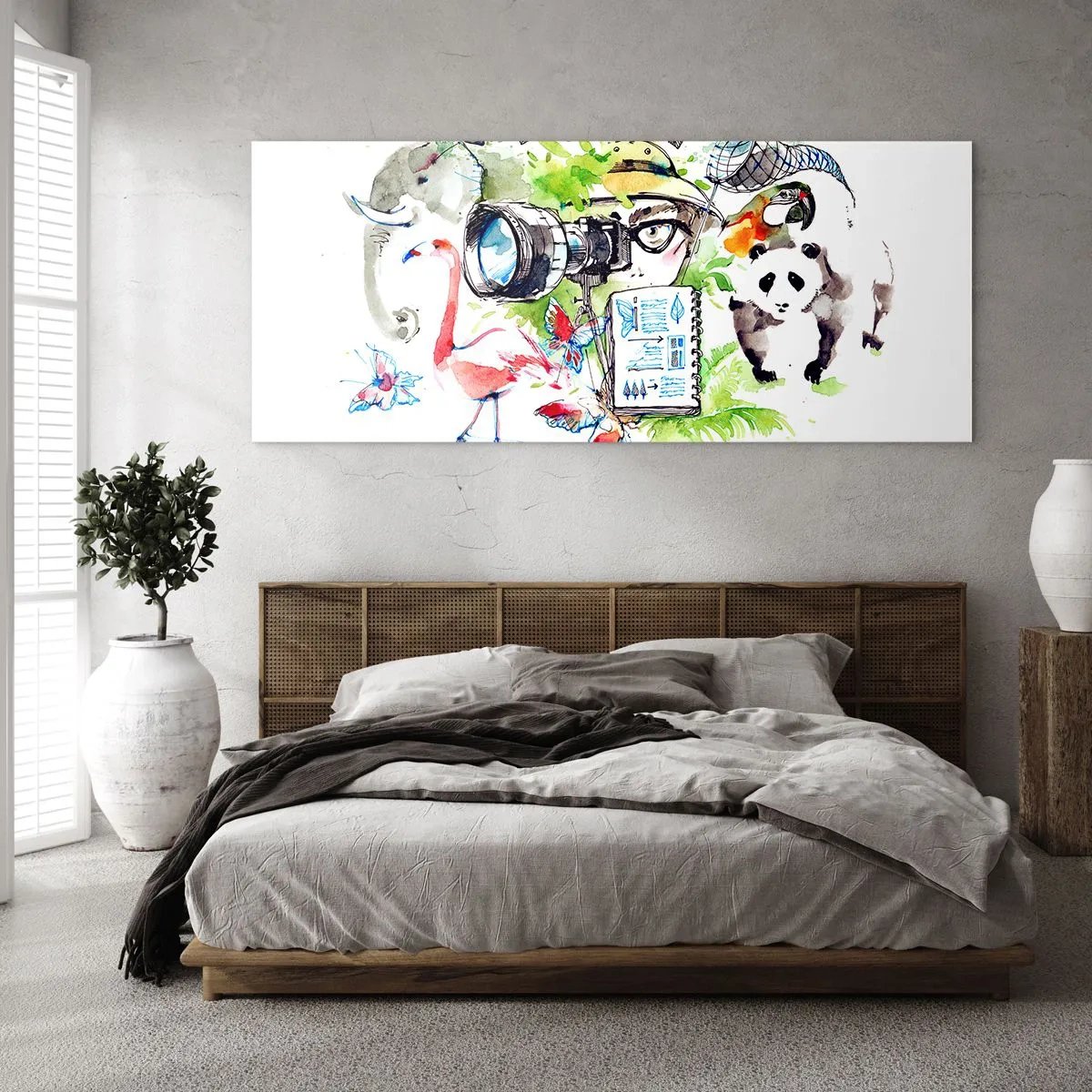 Quadro su vetro - Grafica colorata con temi naturalistici e safari - 140x50cm - Nell'obiettivo del viaggiatore - Decorazione murale moderna per soggiorno e camera da letto ARTTOR