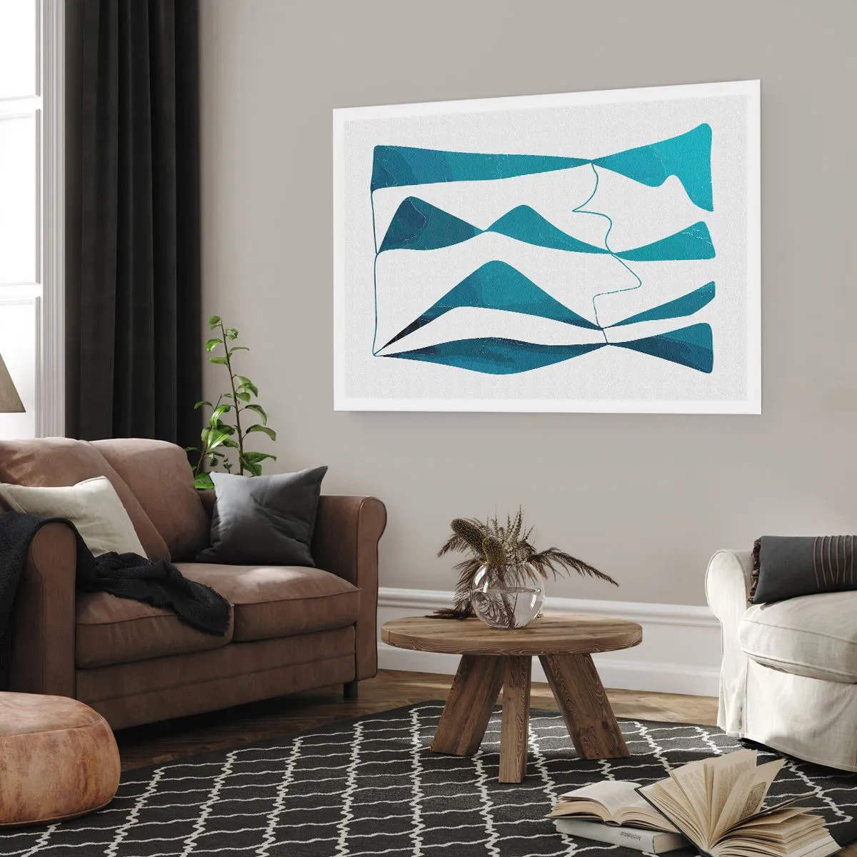 Poster - Forme astratte nelle tonalità del blu su sfondo bianco - 100x70cm - Astrazione: legame turchese - Decorazione murale moderna per soggiorno e camera da letto ARTTOR