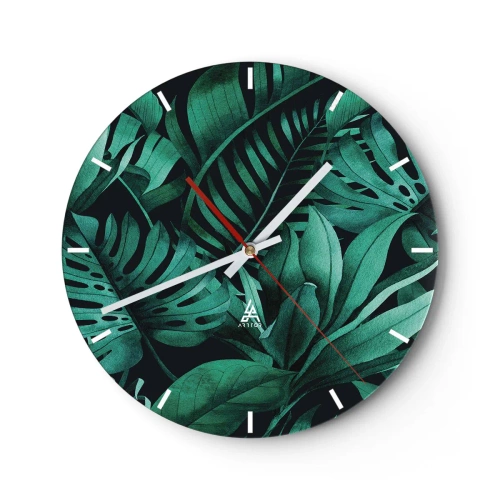 Orologio da parete - Orologio in Vetro - Foglie verdi tropicali su sfondo scuro - 30x30cm - Dal profondo del verde tropicale - Decorazione murale moderna per soggiorno, cucina e camera da letto ARTTOR