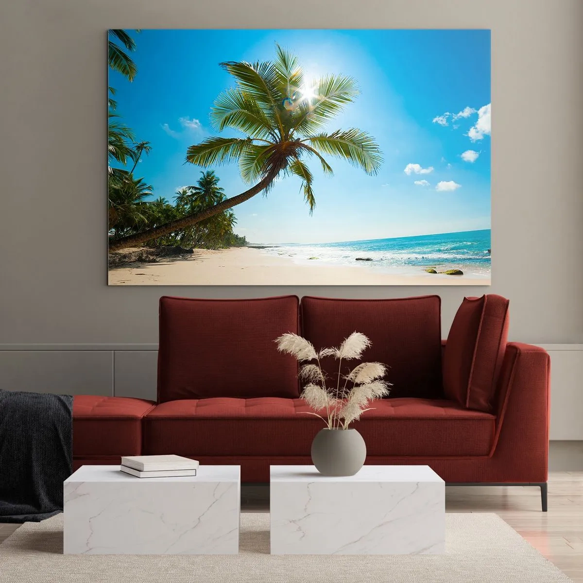 Quadro su vetro - Spiaggia tropicale con palme e cielo azzurro - 70x50cm - Non farlo vedere a nessuno - Decorazione murale moderna per soggiorno e camera da letto ARTTOR