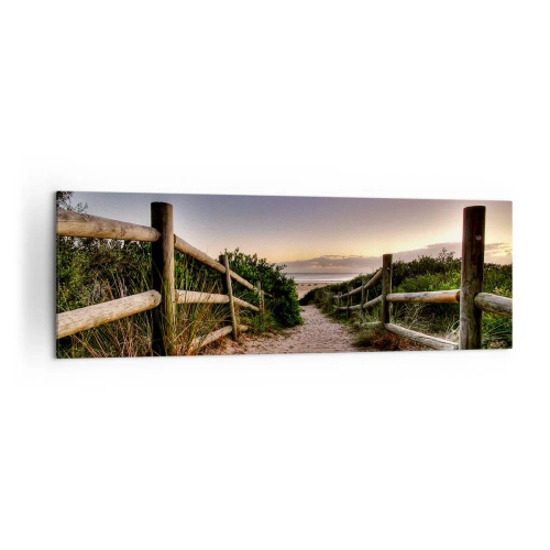 Quadro su tela - Stampe su Tela - Sentiero in legno tra le dune che conduce alla spiaggia al tramonto - 160x50cm - Già si vede la meta - Decorazione murale moderna per soggiorno e camera da letto ARTTOR