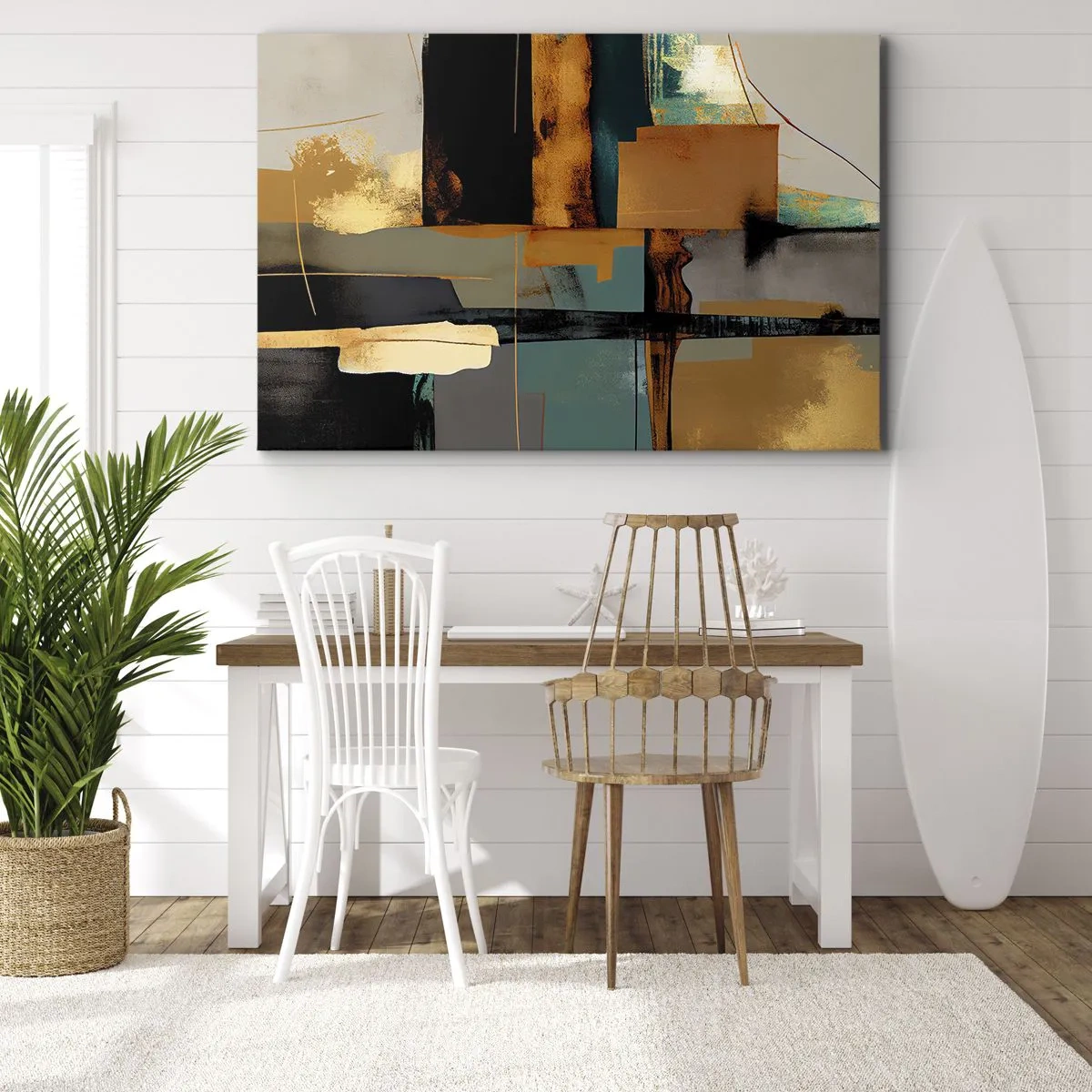 Quadro su tela - Stampe su Tela - Composizione astratta con elementi in oro e turchese - 70x50cm - Astrazione: luci e ombre - Decorazione murale moderna per soggiorno e camera da letto ARTTOR