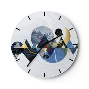 Orologio da parete - Orologio in Vetro - Paesaggio montuoso astratto con forme geometriche nelle tonalità del blu e dell'oro. - 30x30cm - Paesaggio geometrico - Decorazione murale moderna per soggiorno, cucina e camera da letto ARTTOR