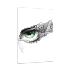 Quadro su vetro - Occhio verde con dettagli di piume e motivi astratti - 50x70cm - Bella e pronta all'attacco - Decorazione murale moderna per soggiorno e camera da letto ARTTOR