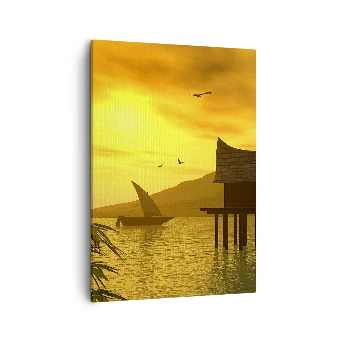 Quadro su tela - Stampe su Tela - Tramonto tropicale sull'acqua con casa in legno su palafitte. - 50x70cm - Calma desiderata - Decorazione murale moderna per soggiorno e camera da letto ARTTOR