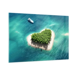 Quadro su vetro - Illustrazione di un'isola a forma di cuore con una barca sullo sfondo di un mare turchese - 100x70cm - Amo l'estate - Decorazione murale moderna per soggiorno e camera da letto ARTTOR