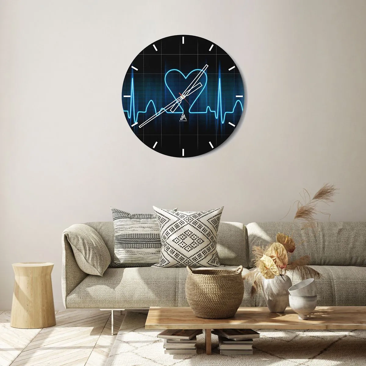 Orologio da parete - Orologio in Vetro - Motivo a linea ECG a forma di cuore su sfondo nero - 30x30cm - Al ritmo del cuore - Decorazione murale moderna per soggiorno, cucina e camera da letto ARTTOR