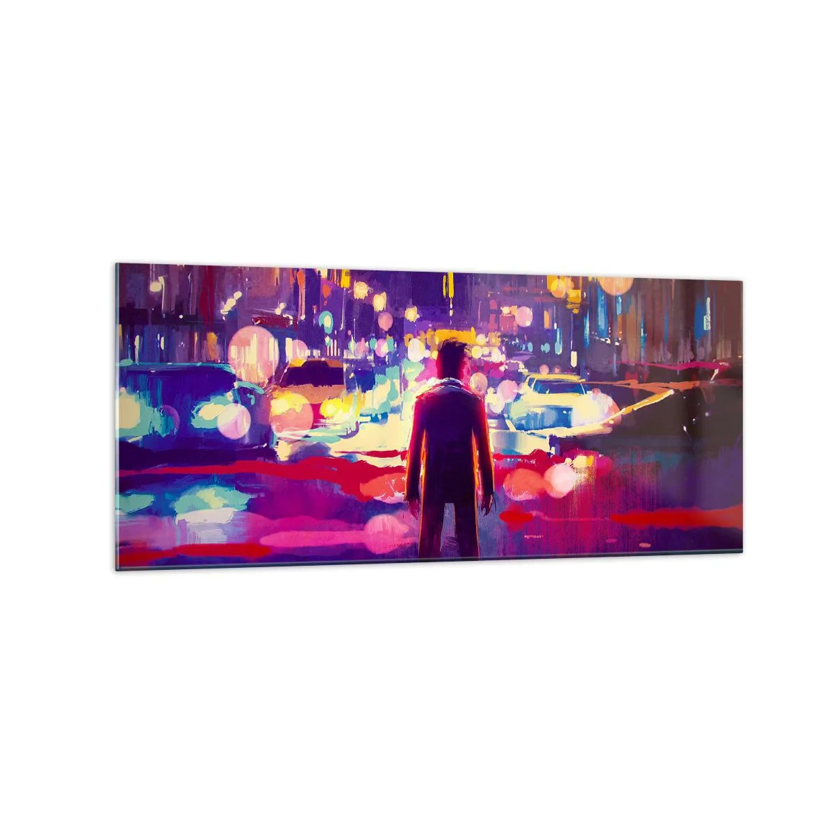 Quadro su vetro - Un uomo in una scena notturna di una città al neon - 120x50cm - Immerso nella luce - Decorazione murale moderna per soggiorno e camera da letto ARTTOR