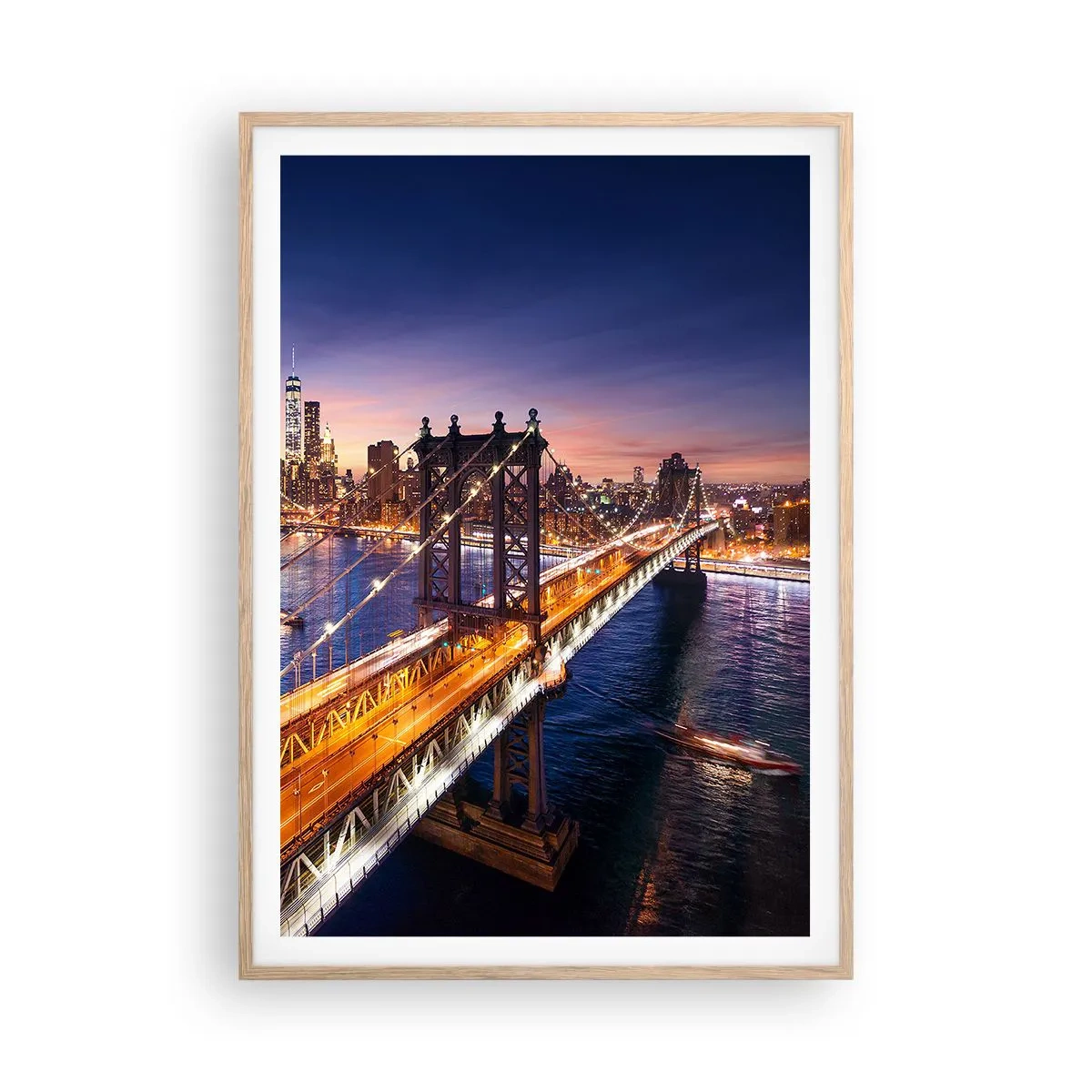Poster in cornice rovere chiaro - Il ponte luminoso fino al cuore della città - 70x100 cm