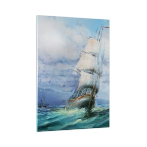 Quadro su vetro - Una nave con le vele che naviga su un mare in tempesta sotto un cielo nuvoloso - 50x70cm - Con il vento in favore - Decorazione murale moderna per soggiorno e camera da letto ARTTOR