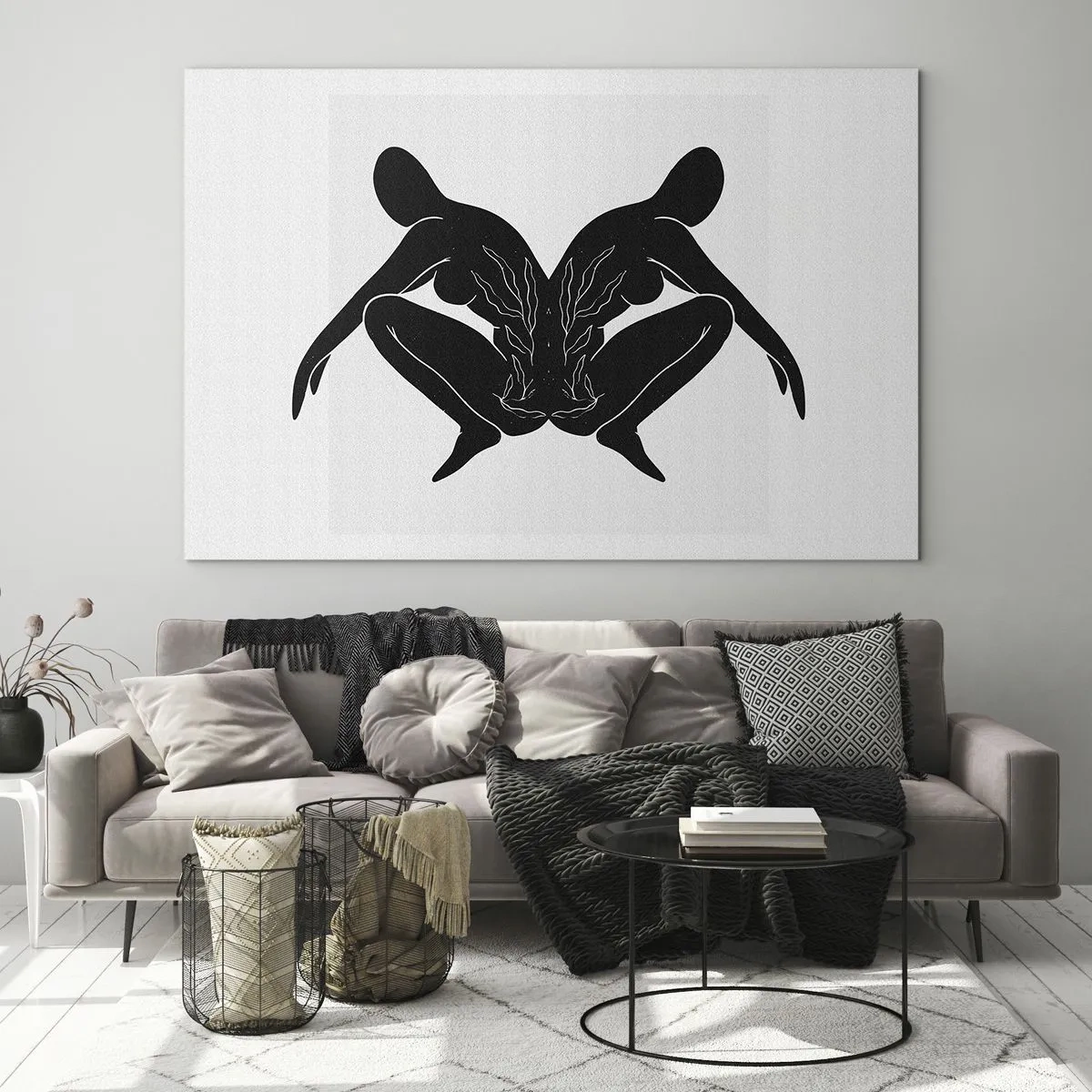 Quadro su vetro - Figure nere che formano un cuore simmetrico su uno sfondo bianco - 120x80cm - Anima comune - Decorazione murale moderna per soggiorno e camera da letto ARTTOR