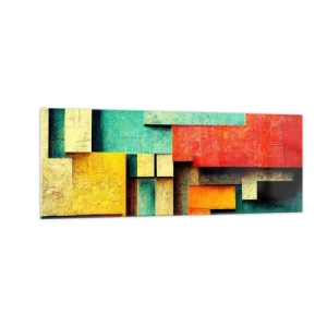 Quadro su vetro - Forme geometriche astratte in colori vivaci - 140x50cm - Il festival degli angoli retti - Decorazione murale moderna per soggiorno e camera da letto ARTTOR