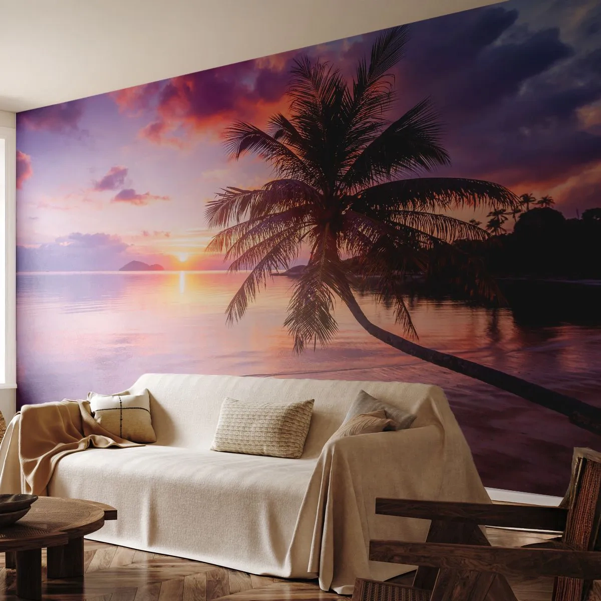 Fotomurali Premium Sand - Spiaggia di palme al tramonto - 100x70cm - Beatitudine a perdita d'occhio - Decorazione murale moderna per soggiorno e camera da letto ARTTOR