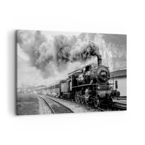 Quadro su tela - Stampe su Tela - Una locomotiva a vapore bianca e nera sullo sfondo di un paesaggio montano - 120x80cm - Ferma alla stazione... - Decorazione murale moderna per soggiorno e camera da letto ARTTOR