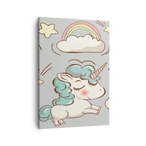 Quadro su tela - Stampe su Tela - Simpatici unicorni su sfondo pastello - 50x70cm - Sicuramente esistono… - Decorazione murale moderna per soggiorno e camera da letto ARTTOR