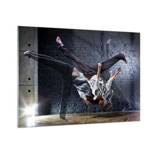 Quadro su vetro - Danza dinamica sullo sfondo di un muro industriale - 100x70cm - Eroe di strada - Decorazione murale moderna per soggiorno e camera da letto ARTTOR