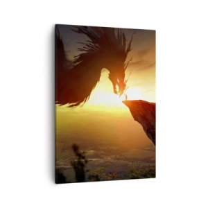 Quadro su tela - Stampe su Tela - Un drago e un uomo su una roccia al chiarore del sole al tramonto - 50x70cm - Il cacciatore di draghi - Decorazione murale moderna per soggiorno e camera da letto ARTTOR