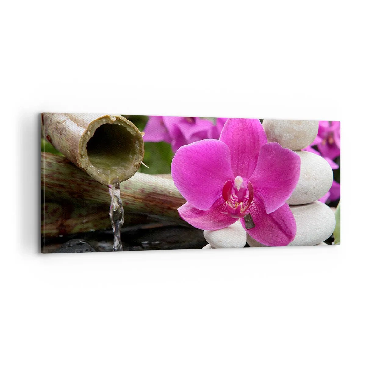 Quadro su tela - Stampe su Tela - Orchidea viola, pietre e bambù con acqua in un ambiente rilassante - 120x50cm - E già ti riposi - Decorazione murale moderna per soggiorno e camera da letto ARTTOR
