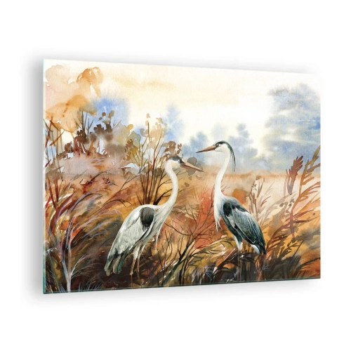 Quadro su vetro - Due gru in un paesaggio autunnale dipinto ad acquerello - 70x50cm - Dove in autunno? - Decorazione murale moderna per soggiorno e camera da letto ARTTOR
