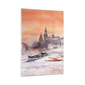 Quadro su vetro - Tramonto sul castello reale e sul fiume in inverno - 50x70cm - Tramonto reale - Decorazione murale moderna per soggiorno e camera da letto ARTTOR
