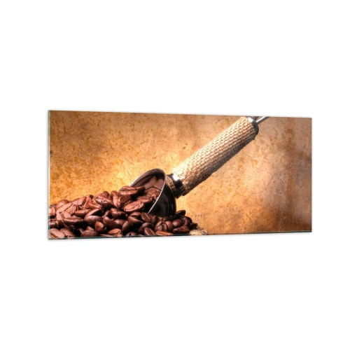 Quadro su vetro - Chicchi di caffè in un sacchetto di iuta con un cucchiaio di metallo - 120x50cm - Alla fonte del gusto - Decorazione murale moderna per soggiorno e camera da letto ARTTOR