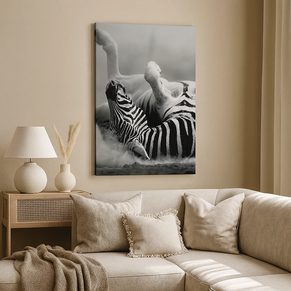 Quadro su tela - Stampe su Tela - Una zebra bianca e nera che rotola nella sabbia - 50x70cm - Morire dal ridere - Decorazione murale moderna per soggiorno e camera da letto ARTTOR