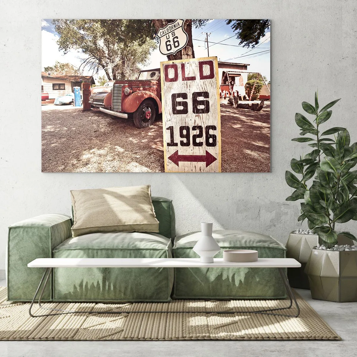 Quadro su vetro - Cartello d'epoca e retrò della Route 66 - 120x80cm - La leggenda della provincia americana - Decorazione murale moderna per soggiorno e camera da letto ARTTOR