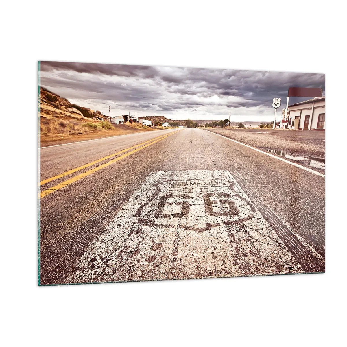 Quadro su vetro - Route 66 con vista sull'orizzonte - 120x80cm - La Route 66: una leggenda americana - Decorazione murale moderna per soggiorno e camera da letto ARTTOR