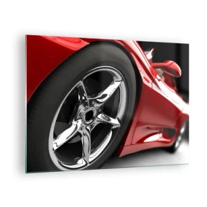 Quadro su vetro - Dettaglio di un'auto sportiva rossa con cerchio cromato - 70x50cm - Fatta per la velocità - Decorazione murale moderna per soggiorno e camera da letto ARTTOR