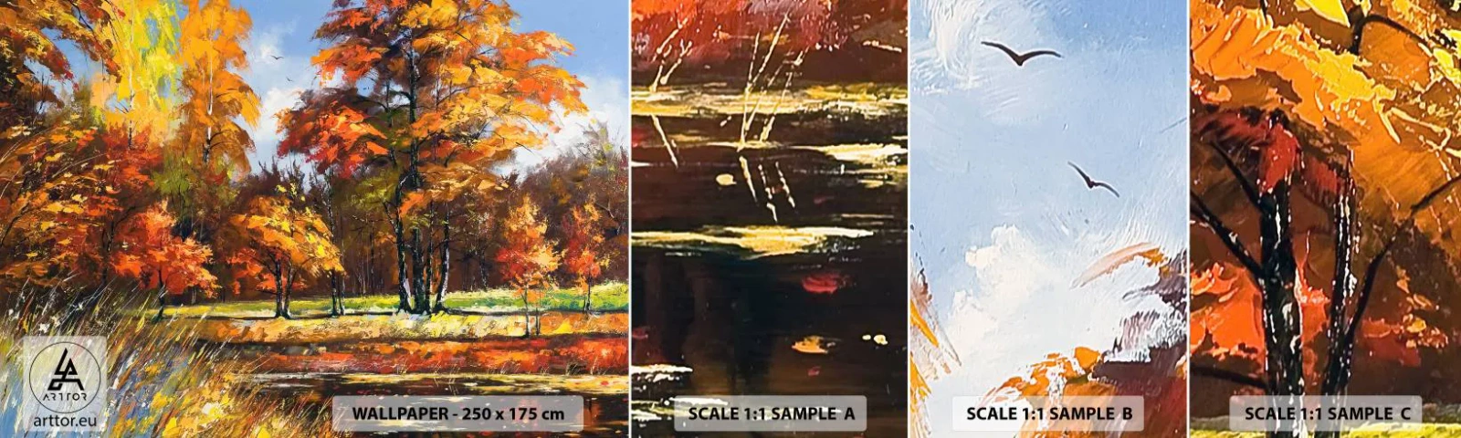 Campione di Fotomurale Adesivo Deluxe Sticker - Paesaggio in oro e marrone - Paesaggio, foresta, Impressionismo - 100x30 cm