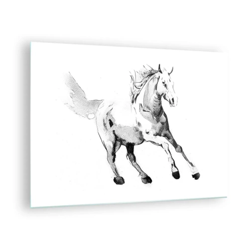Quadro su vetro - Schizzo in bianco e nero di un cavallo al galoppo su sfondo bianco - 70x50cm - Anima indomabile - Decorazione murale moderna per soggiorno e camera da letto ARTTOR