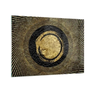 Quadro su vetro - Cerchio dorato con raggi su sfondo nero in stile glamour - 70x50cm - Composizione glamour - Decorazione murale moderna per soggiorno e camera da letto ARTTOR