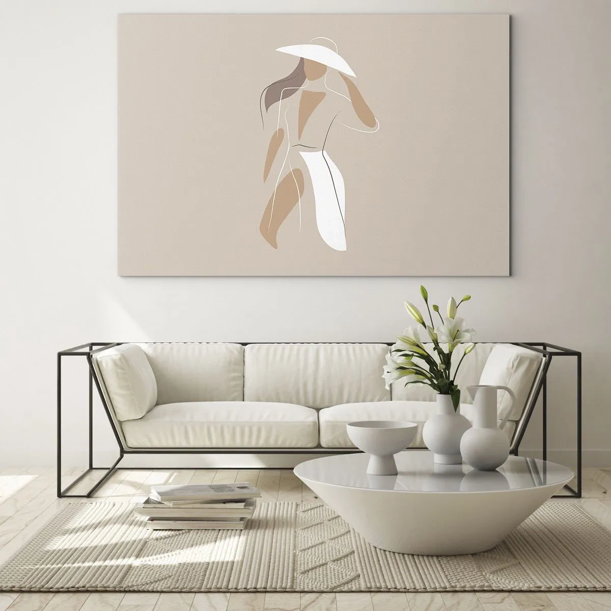 Quadro su vetro - Figura stilizzata di una donna con un cappello bianco - 70x50cm - La moda è un gioco - Decorazione murale moderna per soggiorno e camera da letto ARTTOR