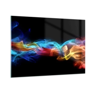 Quadro su vetro - Striature di fumo colorate su uno sfondo nero creano un motivo astratto - 100x70cm - La danza arcobaleno delle nebbie - Decorazione murale moderna per soggiorno e camera da letto ARTTOR