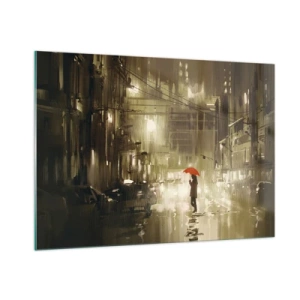 Quadro su vetro - Persona con ombrello rosso nella luce piovosa della città di notte - 100x70cm - Sola ma non solitaria - Decorazione murale moderna per soggiorno e camera da letto ARTTOR