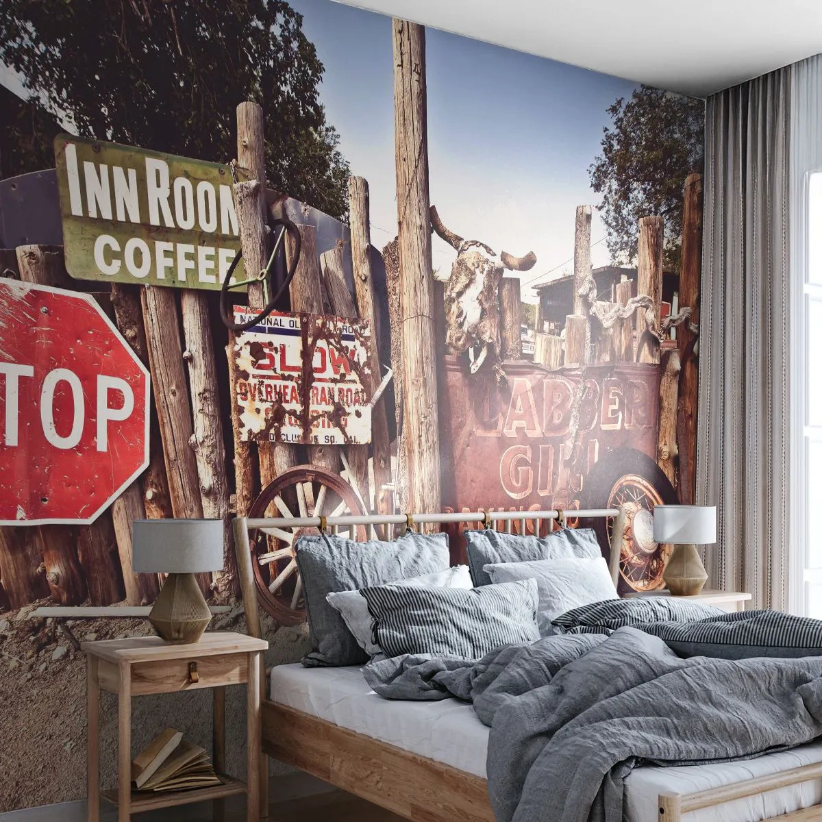 Fotomurali Premium Sand - Cartelli e decorazioni rustiche in stile western su una staccionata di legno - 100x70cm - E il tempo si è fermato - Decorazione murale moderna per soggiorno e camera da letto ARTTOR